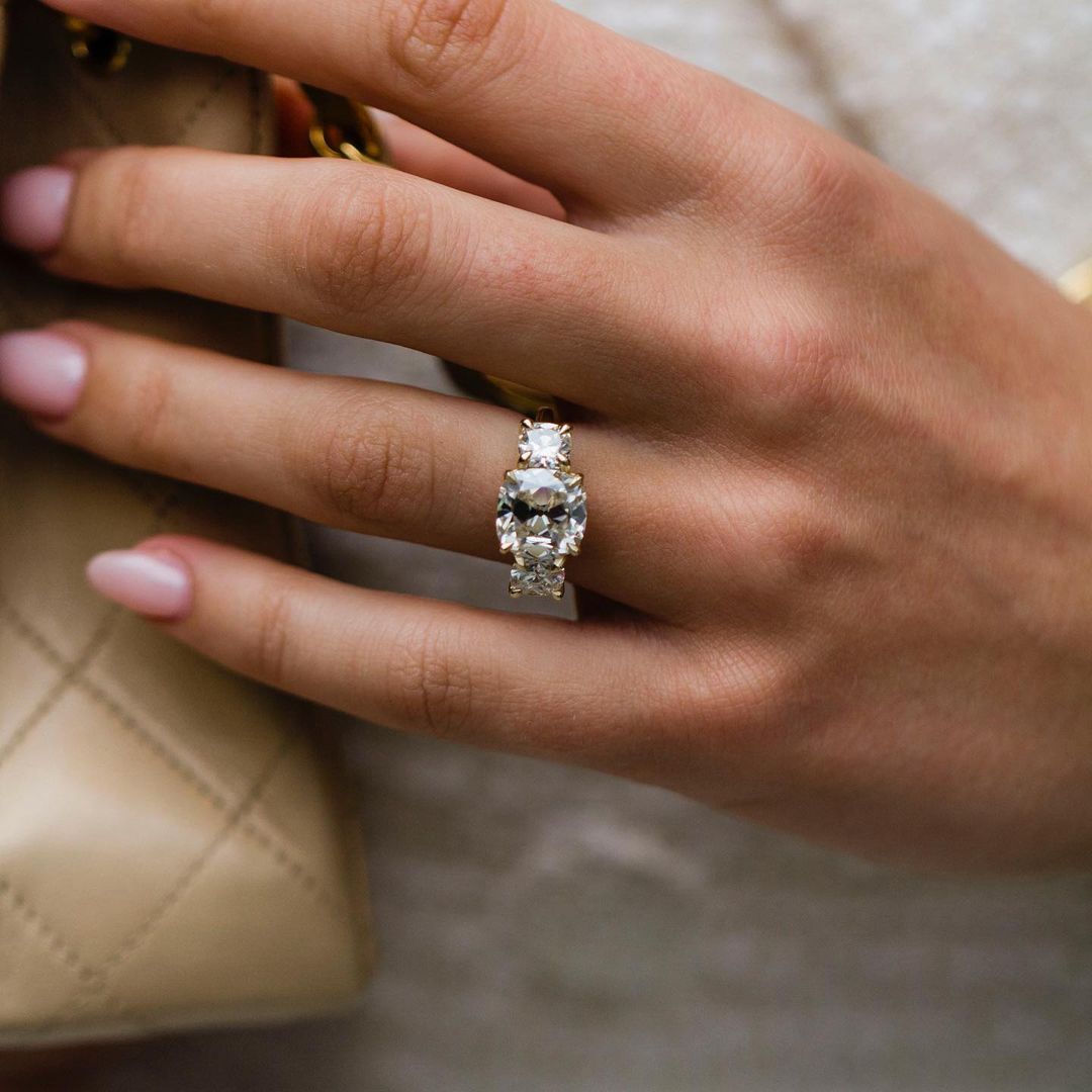4 CT Cushion Three Stone Lab Grown Diamond Engagement Ring