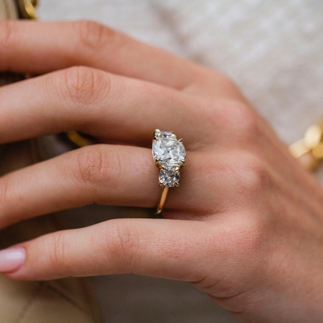 4 CT Cushion Three Stone Lab Grown Diamond Engagement Ring