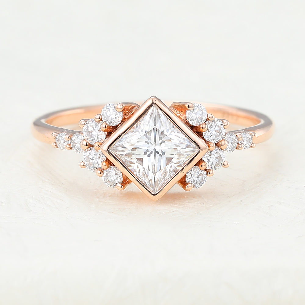 0.64 CT Princess Bezel & Cluster Lab-Grown Diamond Engagement Ring