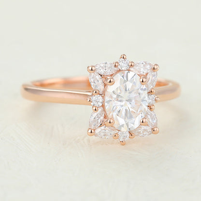 0.84 CT Oval Cluster Moissanite Engagement Ring