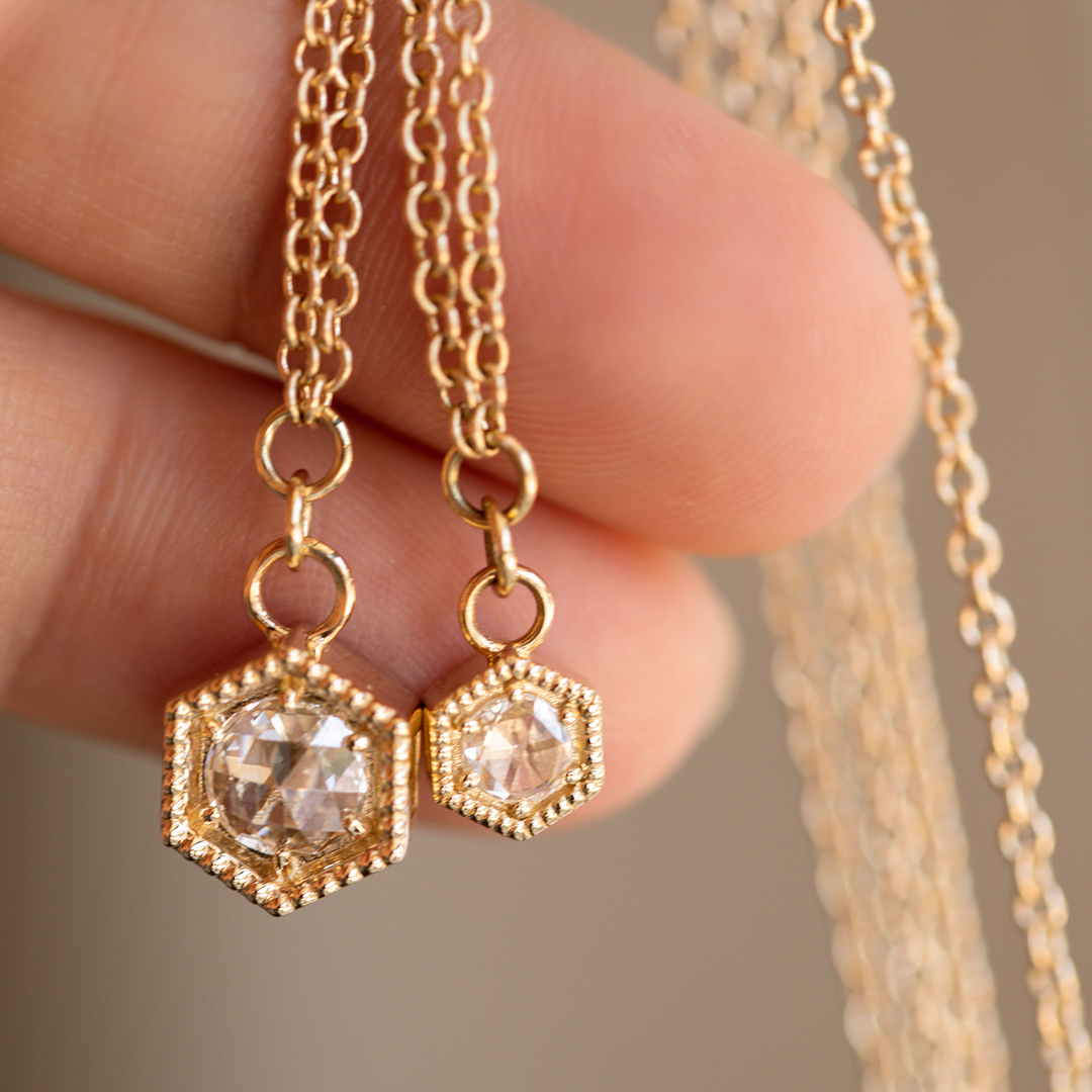 0.06 TCW Round Rose Cut Moissanite Hexagon Charm Necklace