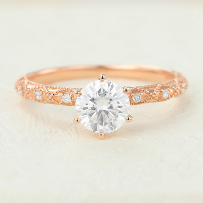 0.68 CT Round Milgrain Pave Moissanite Engagement Ring
